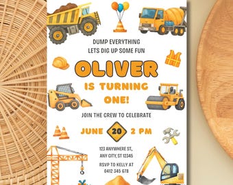 Construction First Birthday Invitation | Editable Canva Template | Printable Kids Birthday Invite
