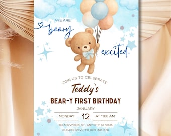 Bear-y First Birthday Invitation | Editable Canva Template | Teddy Bear Party | Printable Kids Birthday Invite