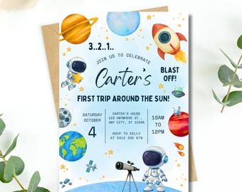 Eerste reis rond de zon-verjaardagsuitnodiging | Bewerkbare canvassjabloon | Verjaardagsuitnodiging Space