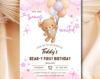 Bear-y First Birthday Invitation | Editable Canva Template | Teddy Bear Party | Printable Kids Birthday Invite