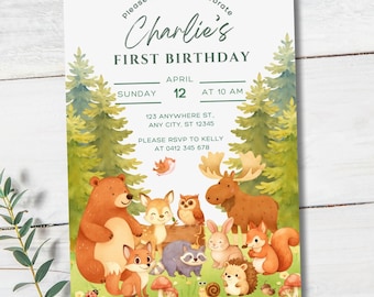 Woodland Animals Birthday Invitation | Editable Canva Template | Printable Kids Birthday Invite