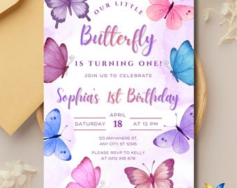 Little Butterfly Birthday Invitation | Editable Canva Template | Printable Kids Birthday Invite