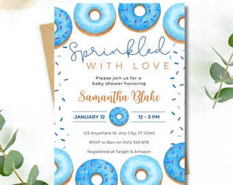 Donut Baby Shower Invitation Boy | Sprinkled With Love Invite | Editable Canva Template | Printable Blue Baby Shower Invite