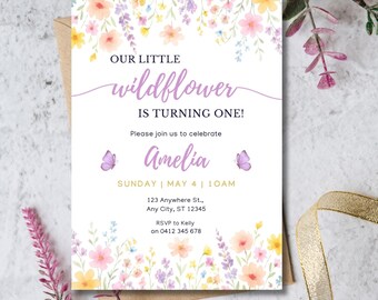 Little Wildflower Birthday Invitation | Editable Canva Template | Printable Kids Birthday Invite