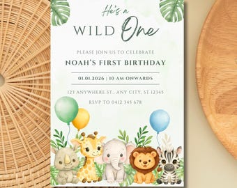 Wild One Safari Birthday Invitation | Editable Canva Template | Printable Jungle Birthday Invite