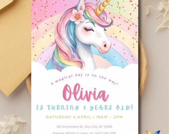 Magical Unicorn Birthday Invitation | Editable Canva Template | Printable Kids Birthday Invite
