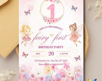 Fairy First Birthday Invitation | Editable Canva Template | Printable Kids Birthday Invite