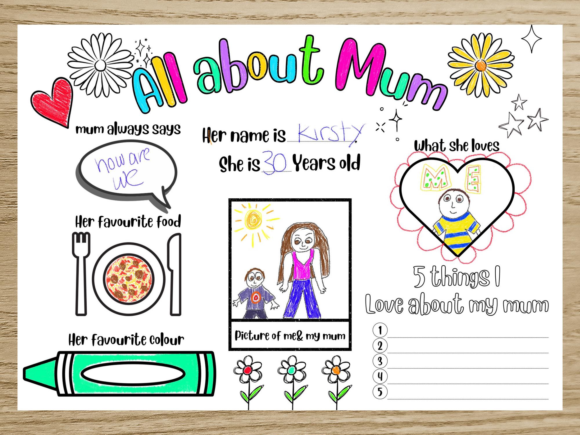 Mothers Day Activity for Kids | All About Mom Worksheet | Mum Keepsake ...