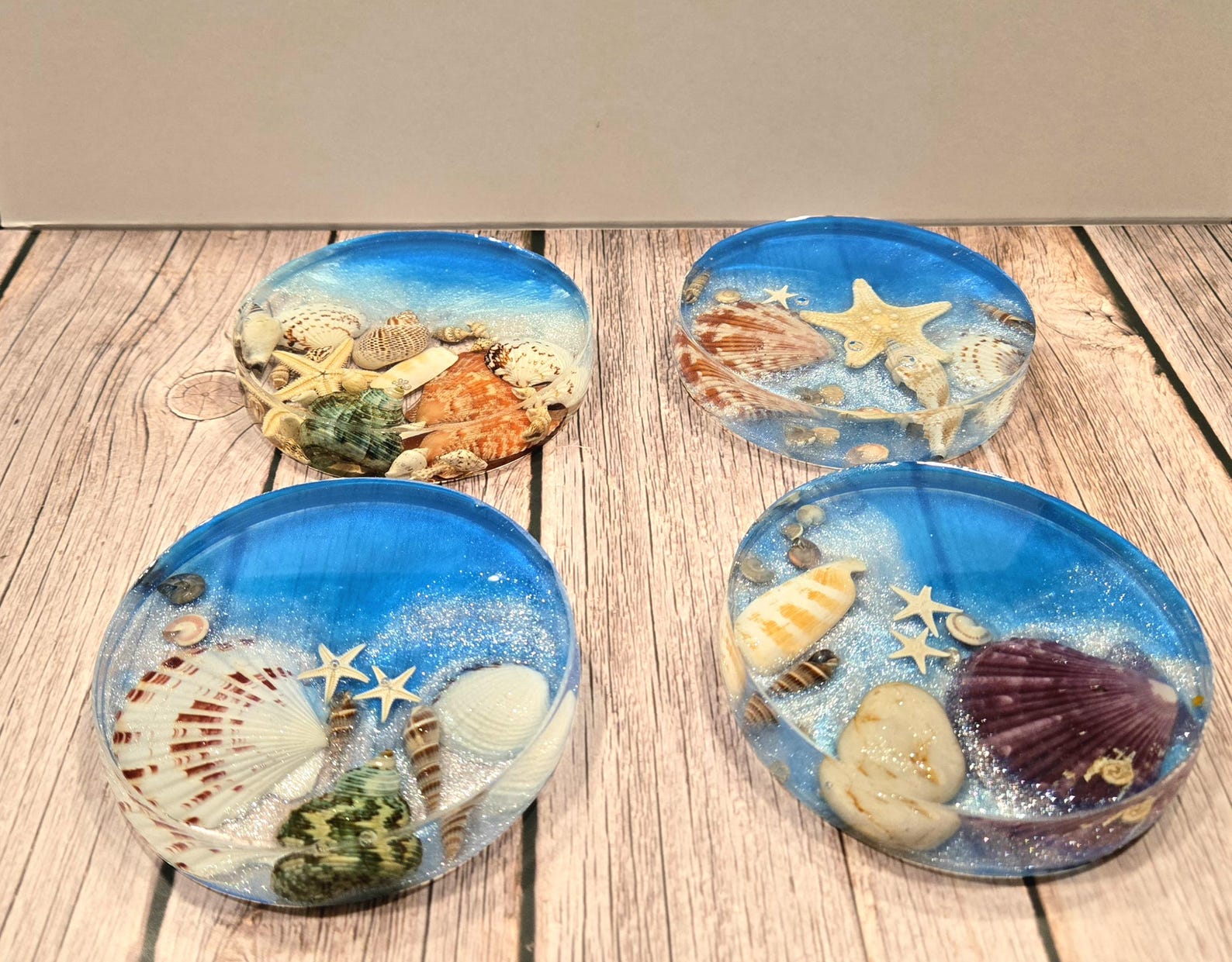 Shell Coaster Design Handmade Resin Coasters - Paper Weight - Ocean Waves & Seashells - Etsy