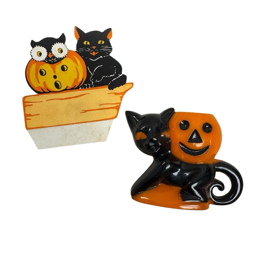 Vtg Rosbro Plastics Halloween Orange & Black Cat Pumpkin Candy Holder ...