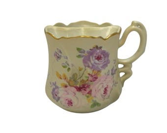 Tazza da barba vittoriana vintage, in porcellana giapponese dipinta a mano con motivi floreali e bordo dorato.