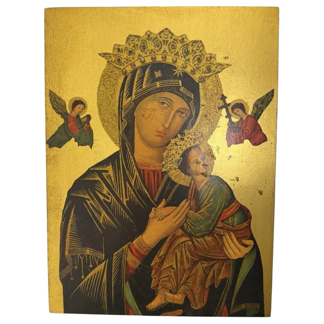 VTG Our Lady of Perpetual Help Wood Plaque Virgin Mary W/christ No ...