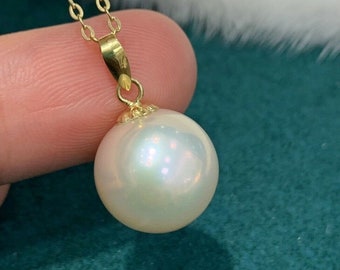 Mother's Day Gift Luminous Stunning! 12.8mm Round White Australian South Sea Saltwater Pearl Pendant w/ Chain 18k Solid Gold Bail