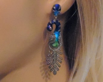 Gift  Diamond Ruby Cobalt Blue Green Cloisonne Enamel work Peacock Bird Statement Earrings