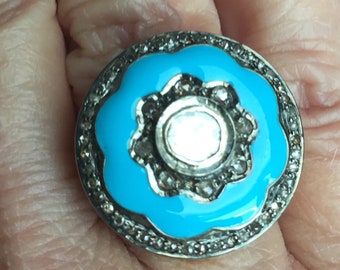 Vintage Old Mine Diamond Ring Turquoise Color Enamel work Size 8