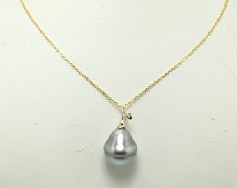 Mother's Day Gift Huge! 20mm Baroque Silver Rainbow 'Saturn Rings' Tahitian Cultured vintage real  Pearl Solid 14k Gold Pendant  w/ Chain