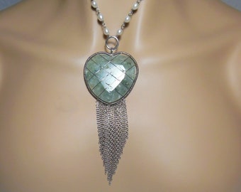 Vintage PREHNITE Freshwater Pearl Tassel 925 Silver Puffy Heart Shaped Pendant 22" Necklace N046