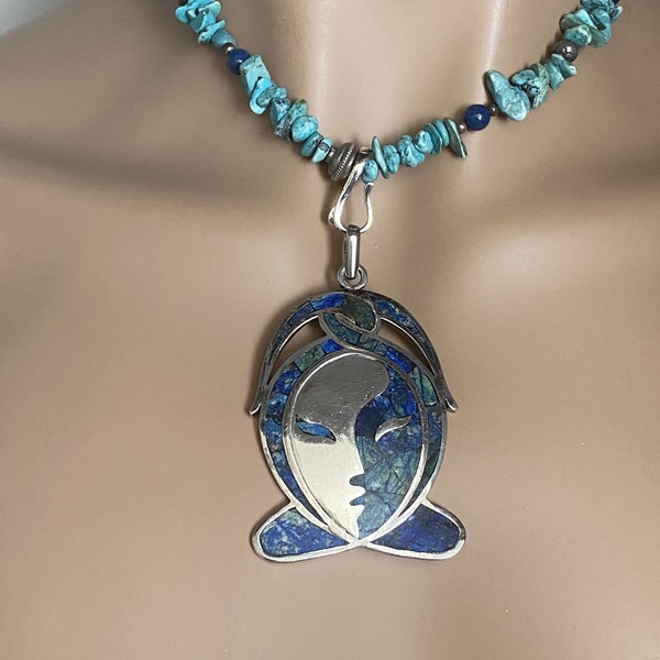 Mother's Day Gift Vintage Art Deco style Face 925 Silver Turquoise Hallmark Eagle 1 Arte En Plata AMC signed Pendant Necklace