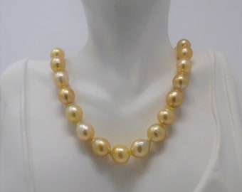 Vintage Real Organic Round Baroque Cultured Golden Overtones Philippines Saltwater 14.3mm Pearl Strand  Necklace 17.5 inch PN043