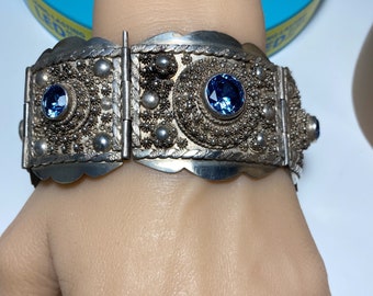 Make an Offer Gift Museum Quality Antique Cobalt Blue Spinel S 990 Fine Silver Cannetille Repousse Unisex Bracelet