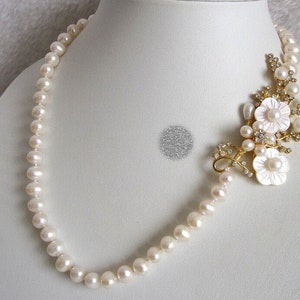 Bridal  Gift Ornate White Freshwater Pearl Botanical Gold Flower Statement  21" Single 1 Row Strand Necklace