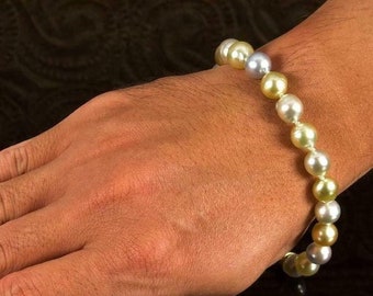 Silver, Platinum, Gold AAA Superb Luster! 100% South Sea Multi Color Saltwater 8.5mm - 10mm Pearl Bracelet Unisex size 8.25 inch