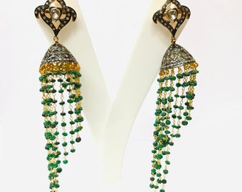 Traditional  Kundan Jhumka Earrings4ct Diamond 20ct Emerald Waterfall Cascade Long drop dangle tassel Statement Earrings