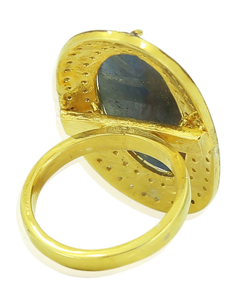Sale Long Modernist Rustic Diamond 30ct Earth Mined Checker Sapphire Statement 18k Gold Ring Size 8 unisex