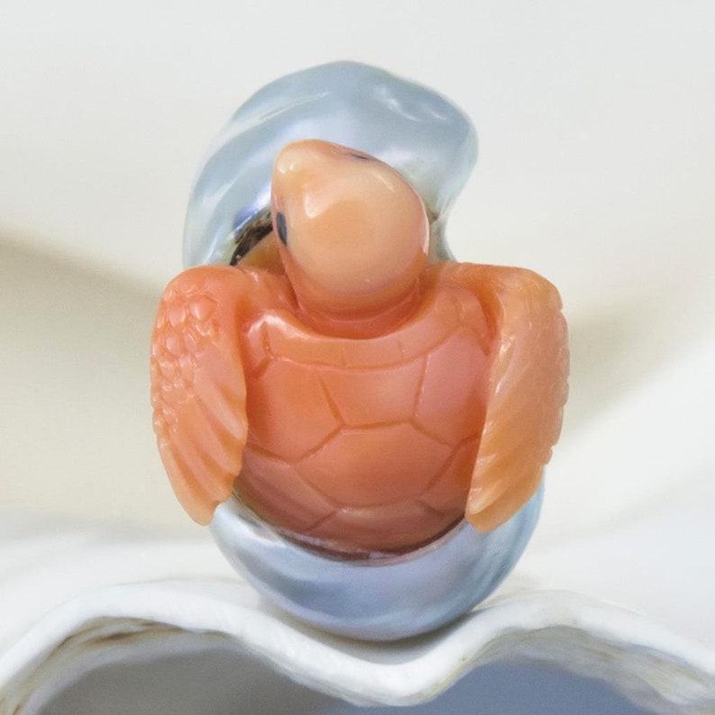 K&ouml;nnte beinhalten: Eine geschnitzte Korallenschildkr&ouml;tenfigur, die in einer gro&szlig;en, irisierenden, wei&szlig;en Perlmuschel liegt.