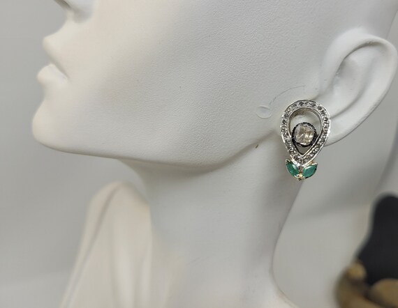 Romantic Old Mined Diamond Emerald Handcrafted Stud Earrings E147 View 5
