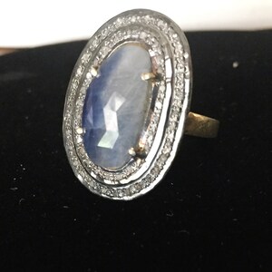 Sale Long Modernist Rustic Diamond 30ct Earth Mined Checker Sapphire Statement 18k Gold Ring Size 8 unisex