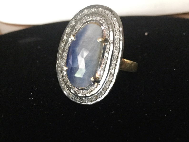Sale Long Modernist Rustic Diamond 30ct Earth Mined Checker Sapphire Statement 18k Gold Ring Size 8 unisex