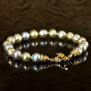 Silver, Platinum, Gold AAA Superb Luster! 100% South Sea Multi Color Saltwater 8.5mm - 10mm Pearl Bracelet Unisex size 8.25 inch