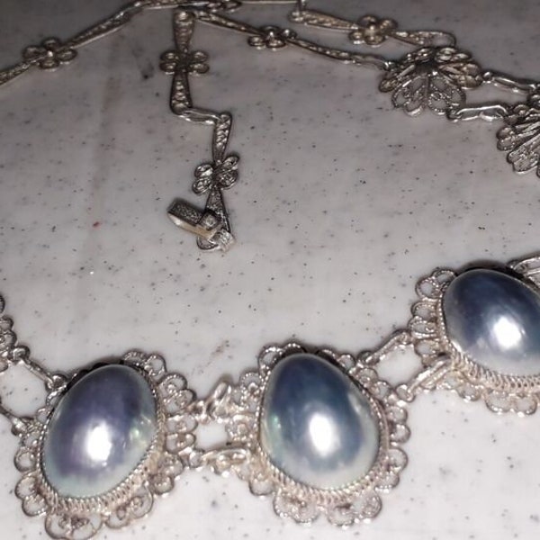 Bridal Heirloom Art Deco Saltwater Pteria Silvery Blue Mabe Pearl 925 Silver Filigree Intricate Necklace Something Old New Wedding