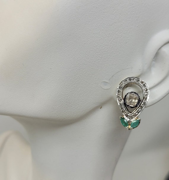 Romantic Old Mined Diamond Emerald Handcrafted Stud Earrings E147 View 3