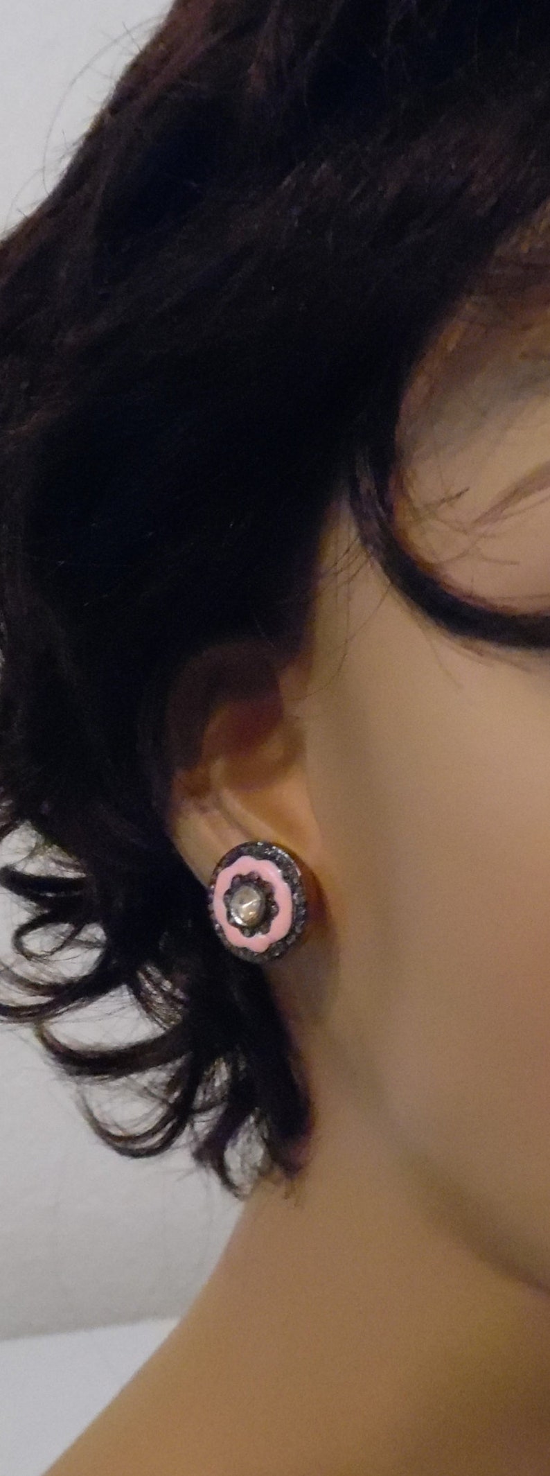 Mother's Day Gift Earrings 1ct Rose cut Old mine Solitaire Diamond Blush Rose Pink Enamel Cloisonne Work E037 image 1