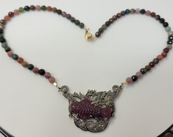 Mother's Day OOAK |  | Earth Mined | 38ct Carved Ruby Fish | Emeralds | Rubellite Watermelon Tourmaline | Diamond Unisex Gold Necklace