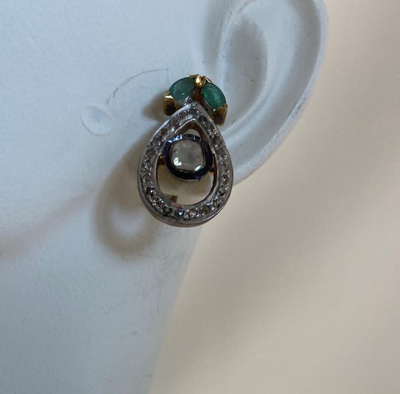 Romantic Old Mined Diamond Emerald Handcrafted Stud Earrings E147 View 2