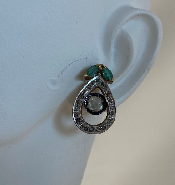 Romantic Old Mined Diamond Emerald Handcrafted Stud Earrings E147 View 4