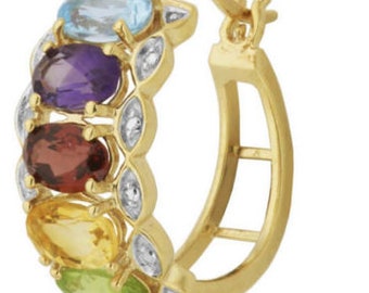 Birthstone spotlight Multi-Gemstone and Diamond Hoop Earrings garnet, blue topaz, peridot, amethyst & citrine Hoop Earrings 18k Yellow Gold