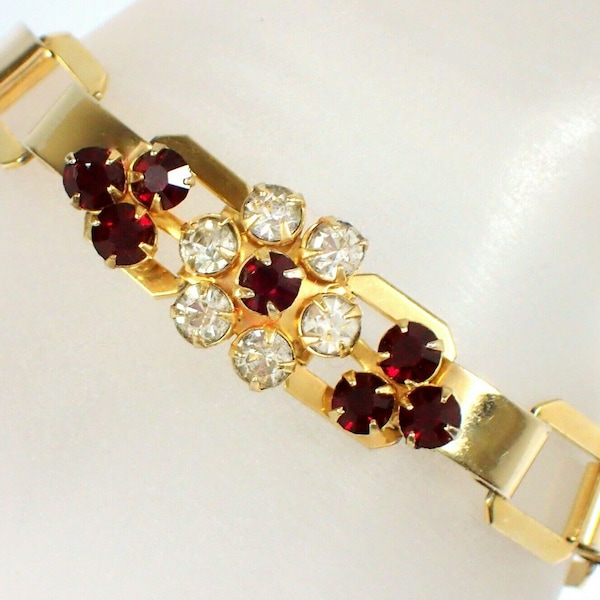 Vintage Ruby Red Rhinestone Tennis Bracelet, Gold Tone 1950s Glamour