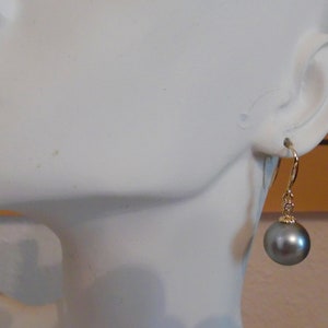 May include: A pair of gold dangle earrings with a single dark gray pearl on each earring.