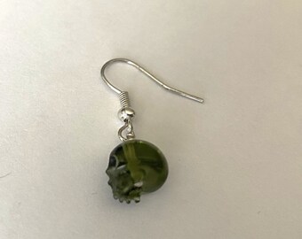 Certified!  Pair Moldavite Earrings Sculpted Hand-carved Skull Green Czech Republic 925 Silver Goth