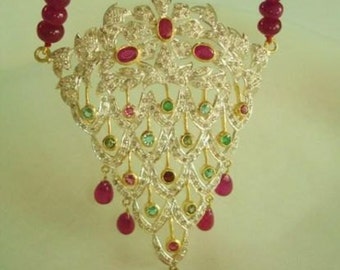 Victorian Revival Filigree Pendant Necklace: 18k Gold, Ruby, Emerald