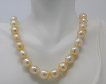 Gift Gold-Lip Oval Round 12.5mm Cream Golden Philippines South sea Saltwater Pearl Strand Necklace 17.5 inch PN037