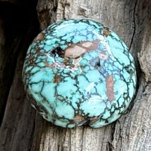 May include: A close-up of a turquoise stone with brown and white veins. The stone is round and has a smooth surface. It is resting on a piece of weathered wood.