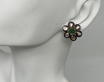 Mother's Day Gift Vintage Daisy Floral Flower Motif Fancy color Diamond Emerald Post Stud earrings E099 Gold Silver Upcycled