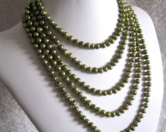 Long Rope Downton Abbey Elegant Bridal Wedding sexy Genuine Cultured Freshwater 100"  Olive Pistachio Green Genuine Pearl Strand Necklace