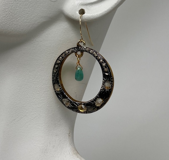 Vintage Lightweight Fancy Color Diamond Dangle Emerald Hoop