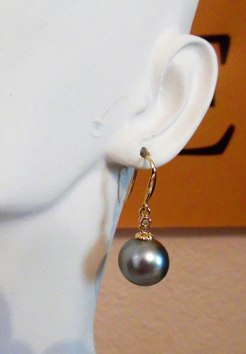 May include: A pair of gold earrings with a single black pearl drop on each earring. The pearls are round and have a smooth, glossy finish.